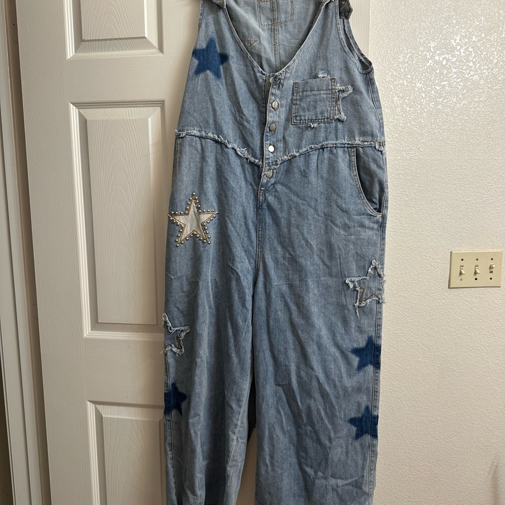 Denim Overalls with Star Accents